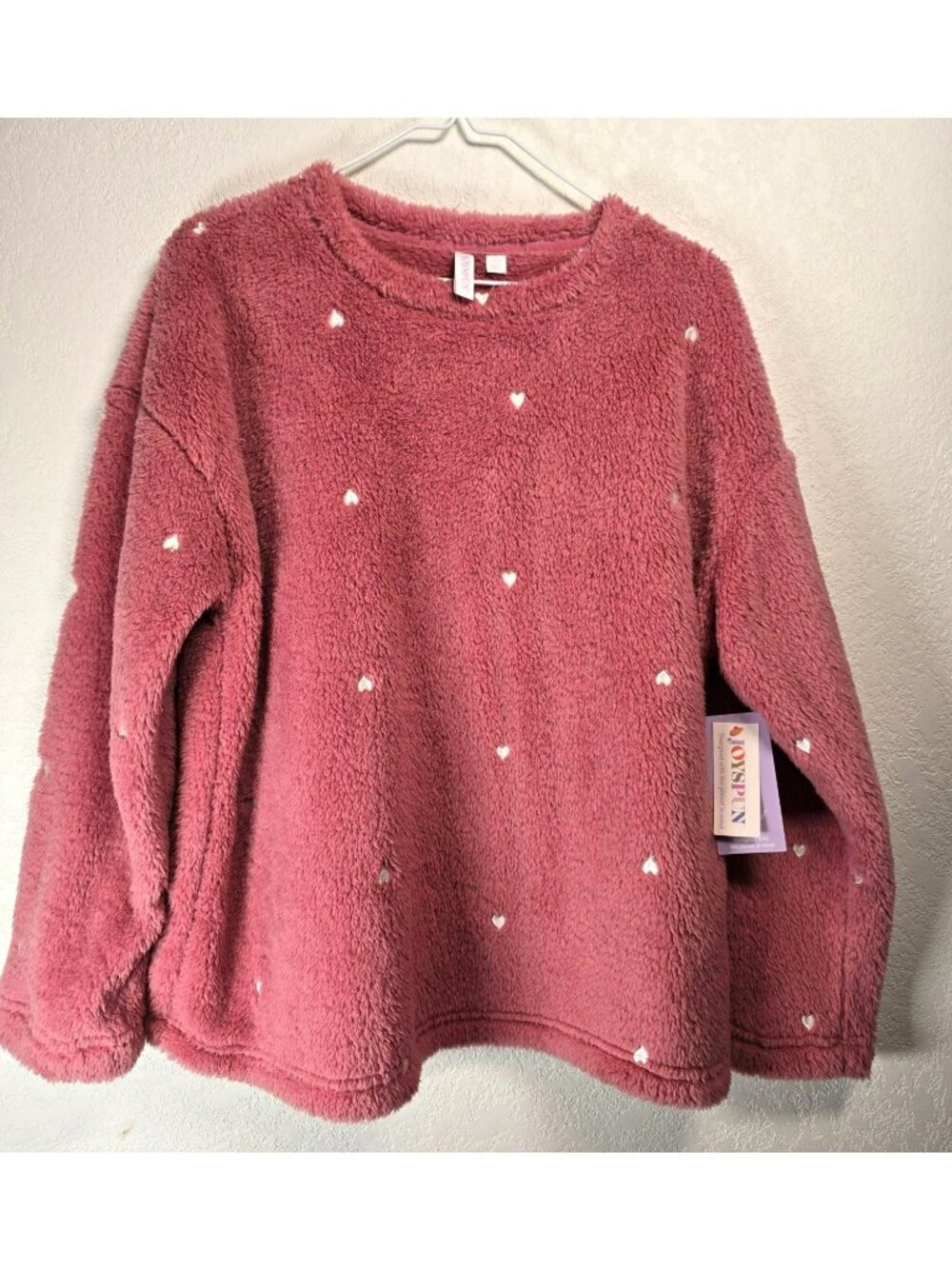 NWT Joyspun Comfy Plushy Fleece Sweatshirt Pink Hearts Lounge Womens Size Large